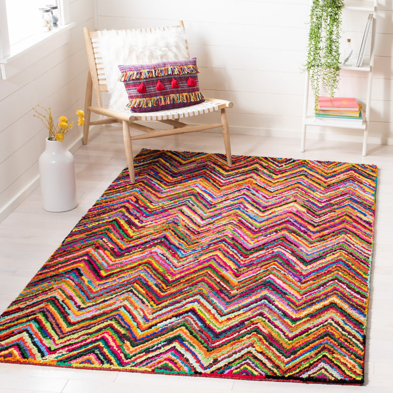 Bungalow Rose Anaheim Chevron Handmade Tufted Pink/Yellow/Green Area